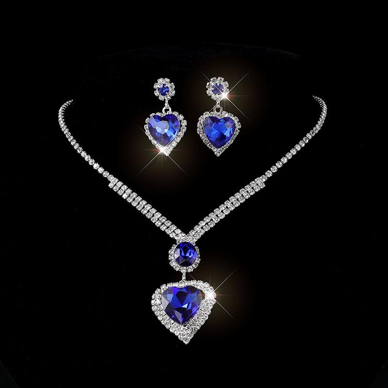 Peach Heart Water Drop Pendant Earrings Set Bridal Heart Full Diamond Crystal Necklace Earrings Jewelry Set