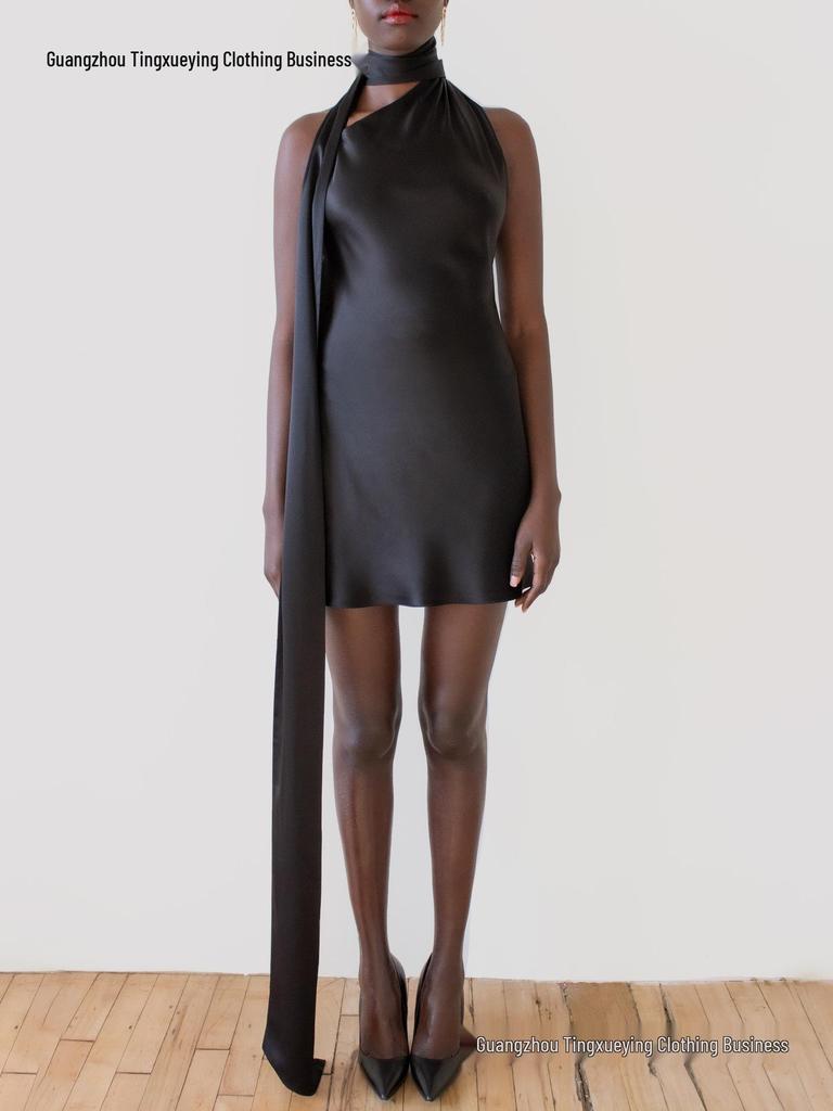 New Cross-Border Formal Dress: Women's Sexy Backless Short Skirt with Adjustable Halter Neck in Satin
