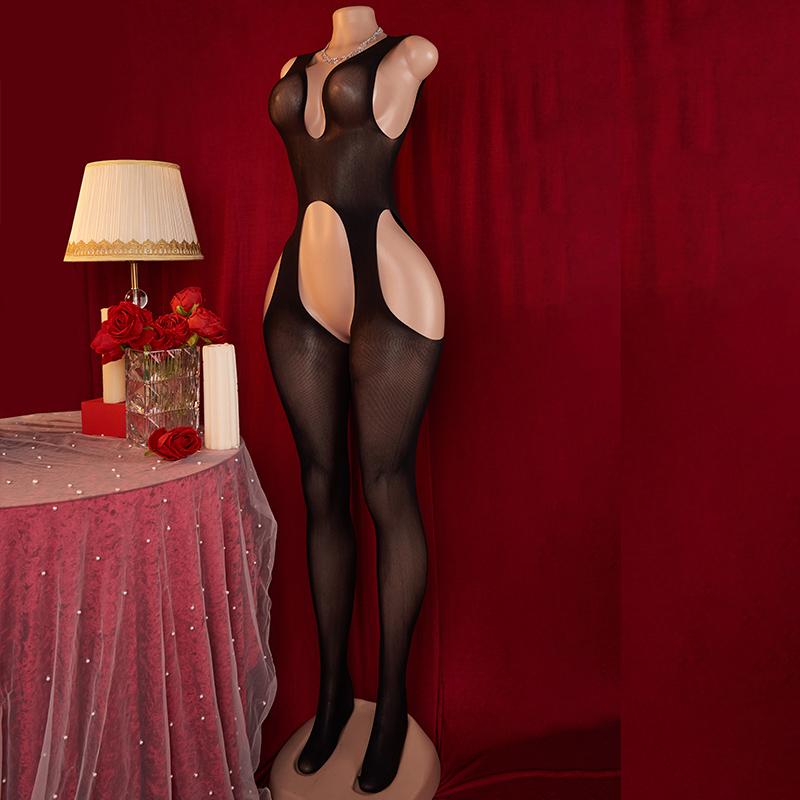 Transparentes hohles Schrittloses Bodystocking Sexy Damen Schwarz Tiefer V-Ausschnitt Ärmellos Ganzkörper Offener BH Bodysuit Erotische Kostüme