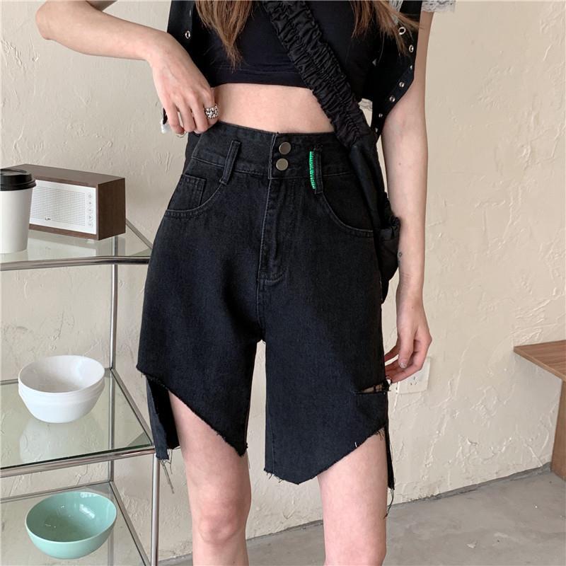 Fashionable Black Cropped Jeans Women's Summer Pants High Waisted Straight Leg Loose Wide Leg Shorts