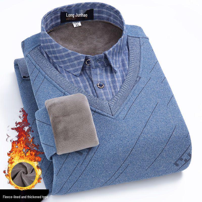 Men's Loose Knit Sweater with Faux Two-Piece Shirt Collar, Fleece-Lined, Thick Warm Winter Stand-Up Collar Top