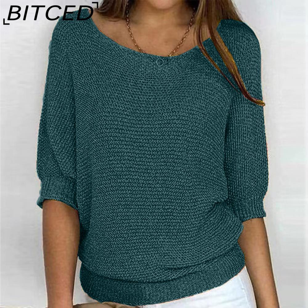 BITCED Βαμβακερό Πλεκτό Τοπ Μονόχρωμο με Στρογγυλή Λαιμόκοψη για Γυναίκες Κομψή Μπλούζα με 3/4 Μανίκια για το Γραφείο και Χώρους με Κλιματισμό