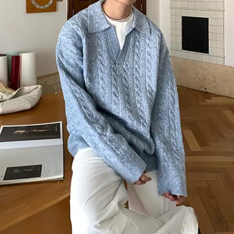 Men's Gray Two-Piece Pilling-Resistant V-Neck Sweater – Korean Style Winter Knitwear