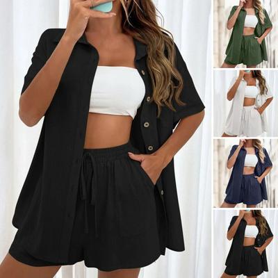 Conjunto de Camisa e Shorts Feminino 2 Peças/Conjunto Cor Sólida Manga Curta Gola Lapela Blusa Cintura Alta Comprimento Acima do Joelho Conjunto de Calças