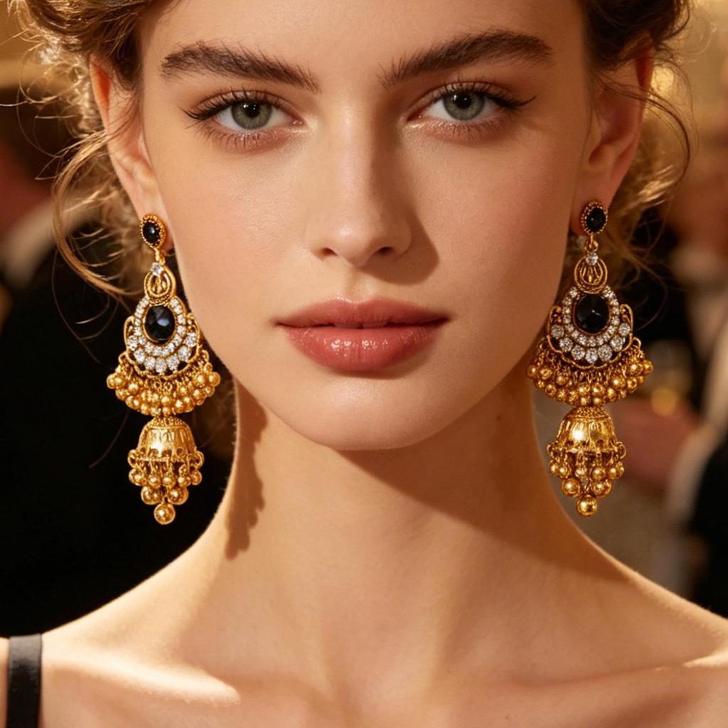 Indian-Style Long Earrings with Rhinestones, Beads, Bells, and Tassels