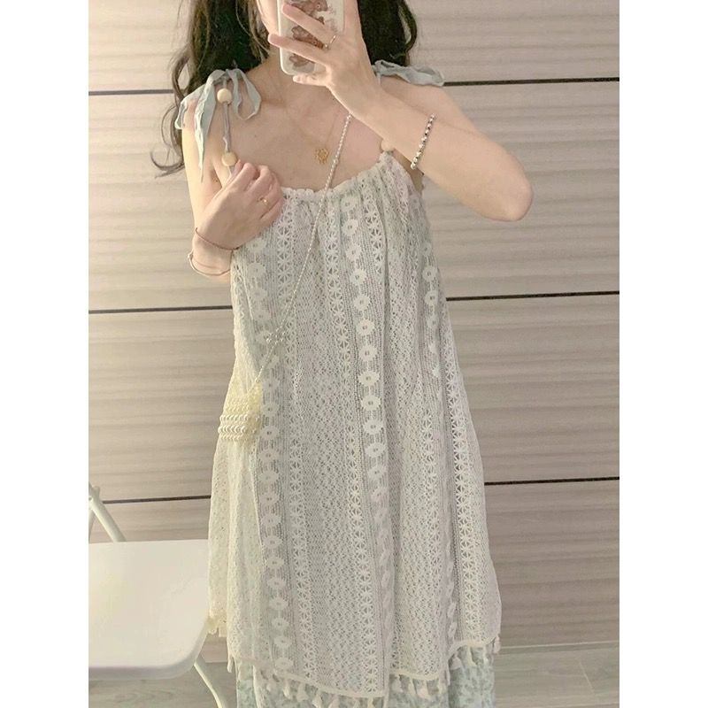 French Retro Fringed Splicing Sweet Dress Children's Summer New Thin Temperament Suspender Sleeveless Medium and Long Dress