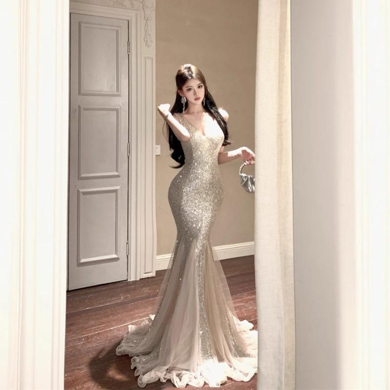 Summer New Socialite Banquet Evening Dress High-end Sequin Dress Mesh Fishtail Dress Small Dress Women