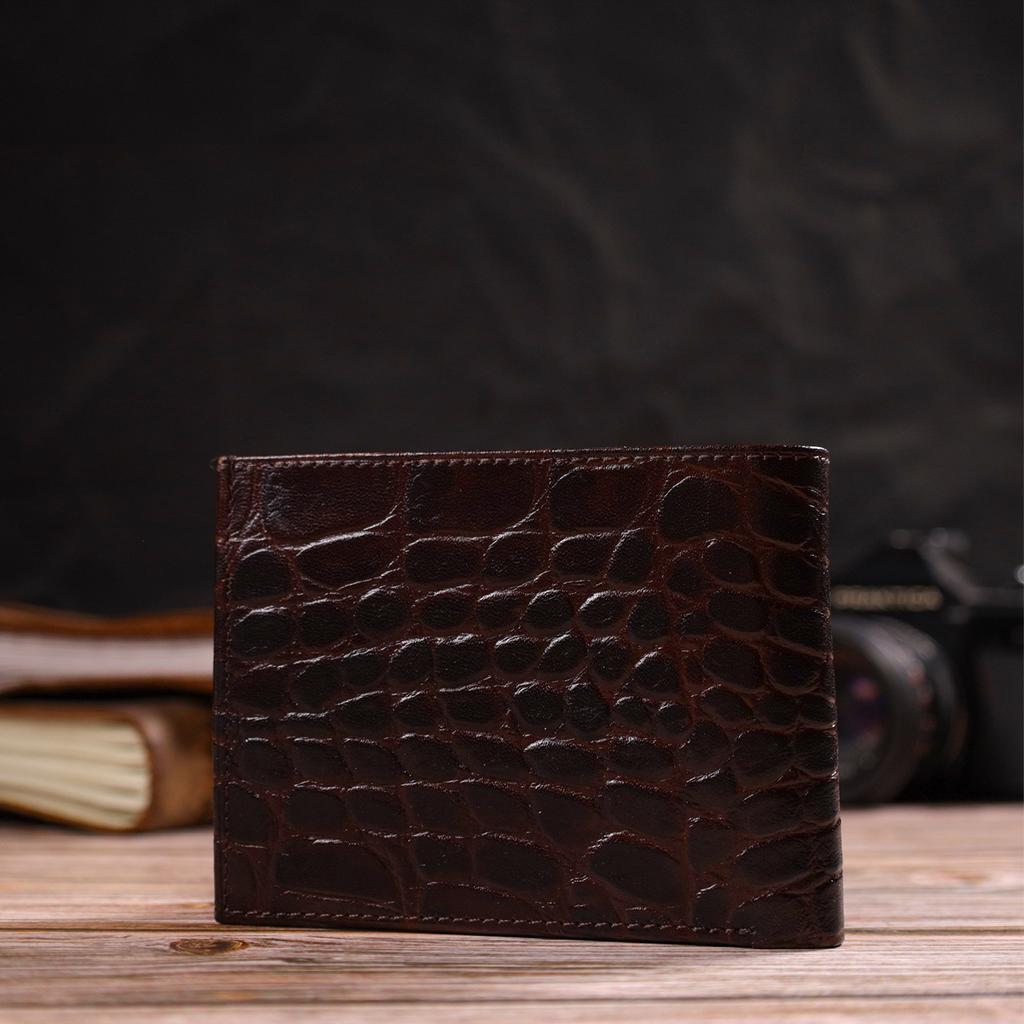 Fashionable Horizontal Men's Wallet of Medium Size Made of Genuine Leather with Crocodile Embossing CANPELLINI 21865 Brown