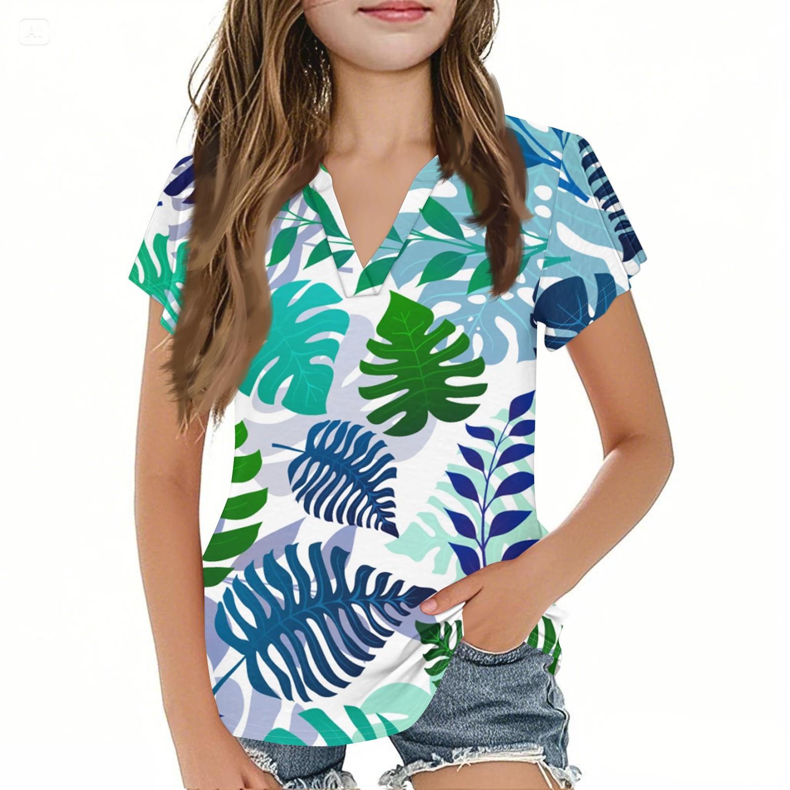 

Летний детский повседневный модный гавайский топ для девочек с короткими рукавами и V-образным вырезом 150