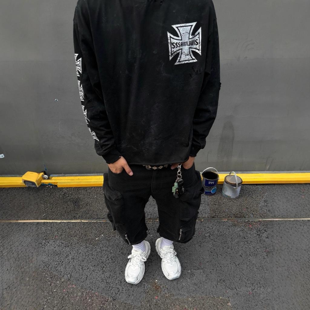 Louis Does Dirty Damage Long-Sleeved T-Shirt Street Graffiti Cross Star Top Trendy High Street Men