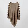 307 Fall Winter Tassel Pom Shawl Cape Womens Crew Neck Pullover Knit Sweater