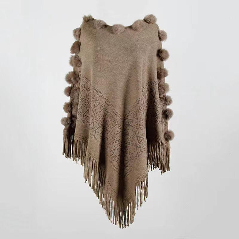 307 Fall Winter Tassel Pom Shawl Cape Womens Crew Neck Pullover Knit Sweater