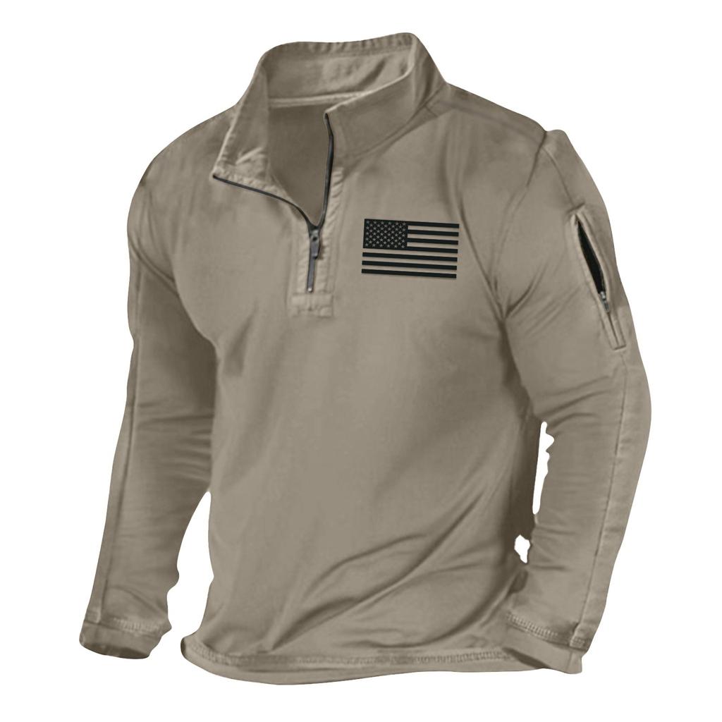 Men's Solid Color Flag Printed Loose Half Zippered Standing Neck Hoodie Men's Casual Sports Hoodies