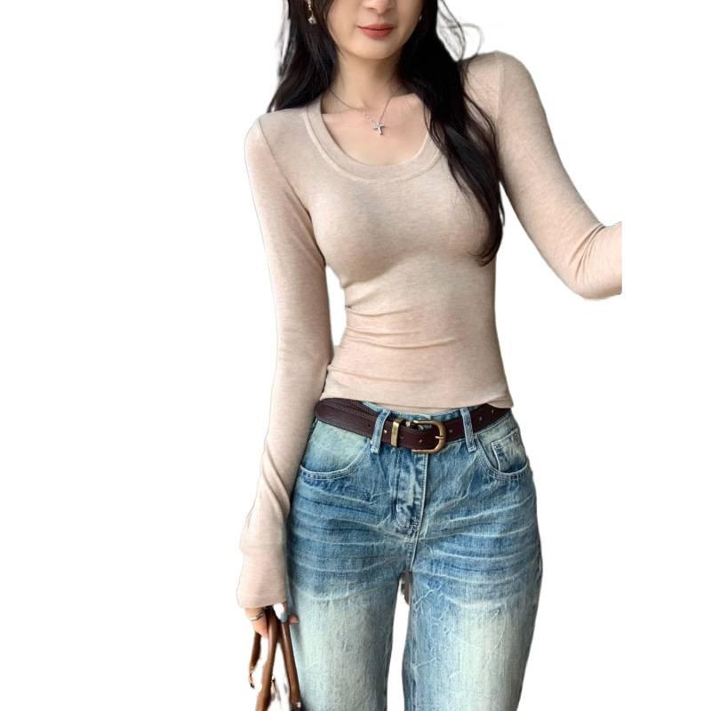 Elegant French Style Long-Sleeve Women's Slim Fit Top - 2026 Autumn/Winter Round Neck Base Layer