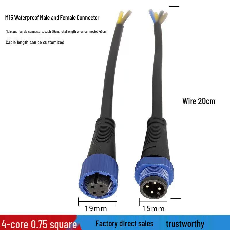 M15 IP65 Waterproof Automotive Connector Cable, 2P/3P/4P/5P LED Power Supply, Male-Female Connector