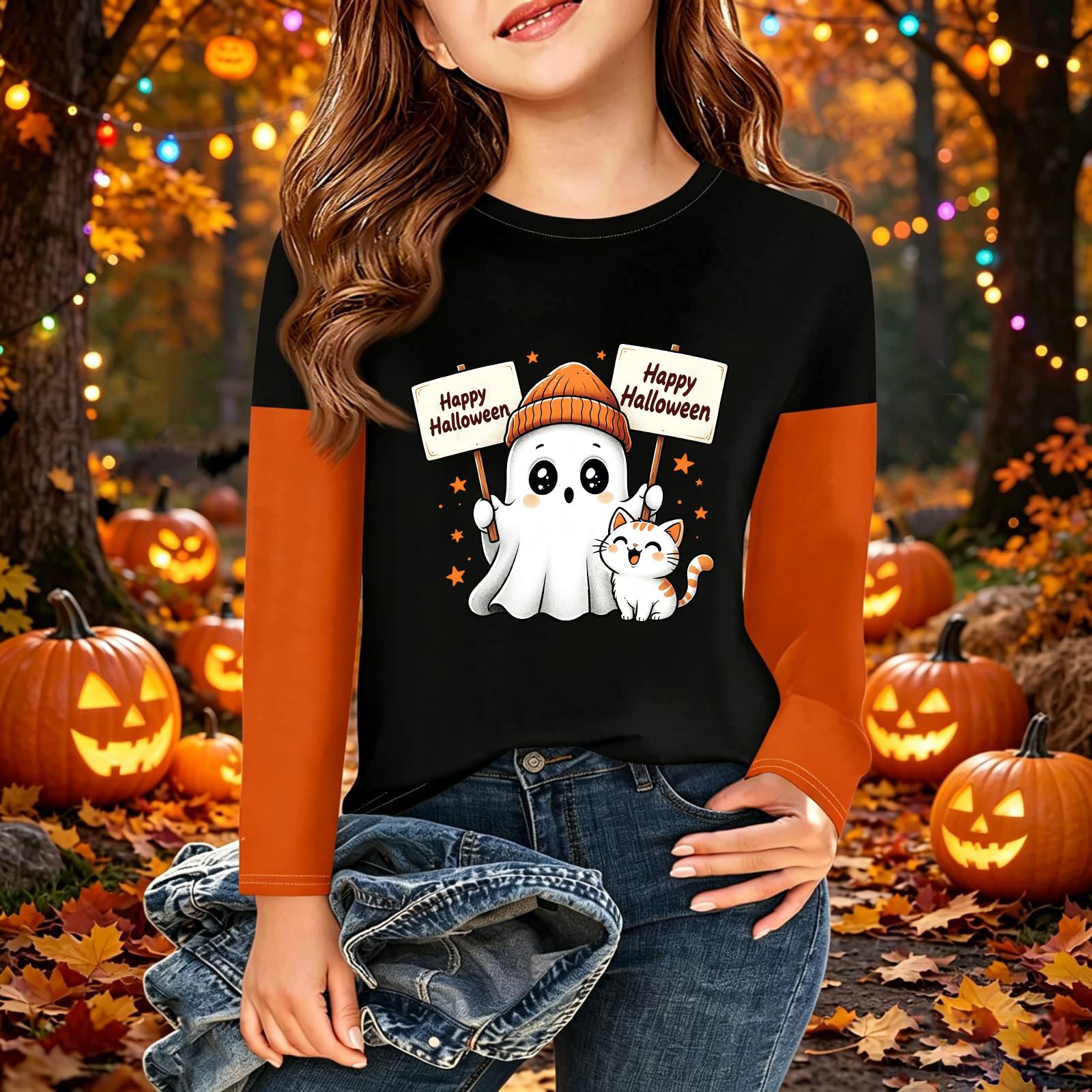 Children s Halloween Printed Long Sleeve Round Neck Casual Base Layer Shirt for Boys and Girls 110