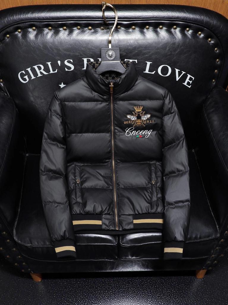 Men's Winter Stand Collar Slim Fit Embroidered Down Jacket - Warm White Duck Down, Plus Size European Trendy Outerwear