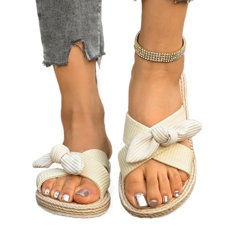 2025 Summer New Women's Round Toe Low Heel Bow Tie Slippers Wide Fit Outdoor Plus Size Daily Casual Classics Sandals Zapatos