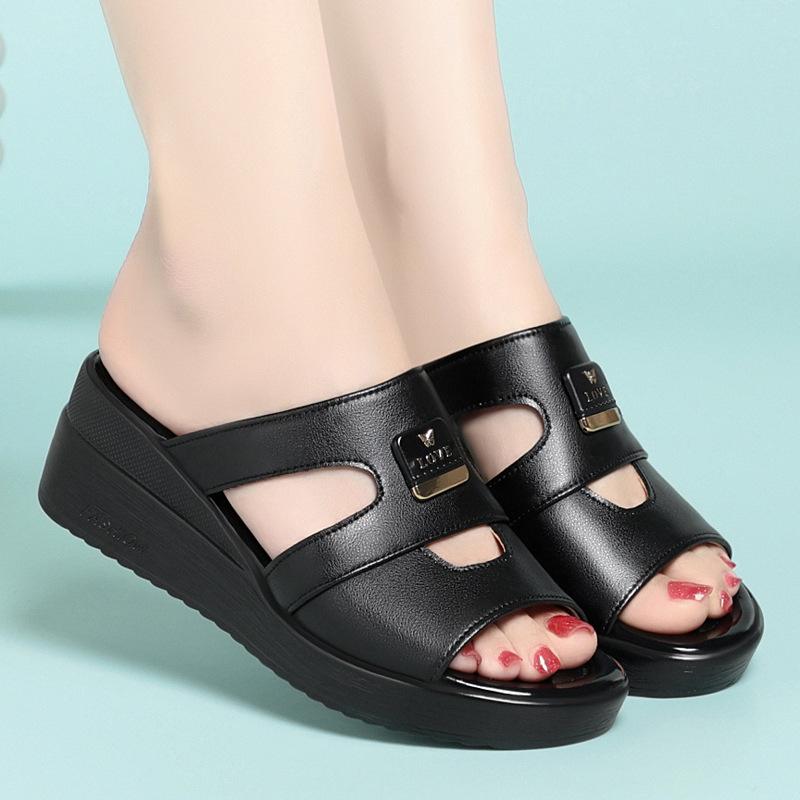 

5.5cm Plus Size 35-43 All Match Comfortable Soft Leather Slippers Platform Wedges Shoes 2025 Summer Women s Med Heels Slides 35 чорний