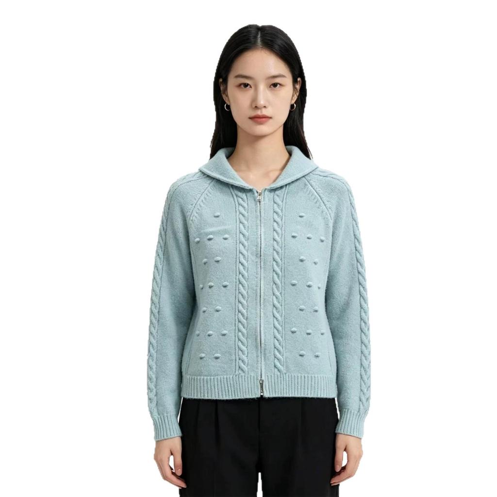 Korean-Style Double Zipper Retro Cable Knit Cardigan Jacquard Lapel Sweater for Women