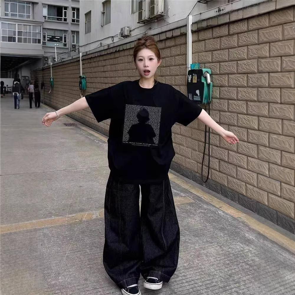 American high street pure cotton black short-sleeved t-shirt women's new summer loose large size fat mm half-sleeved design top