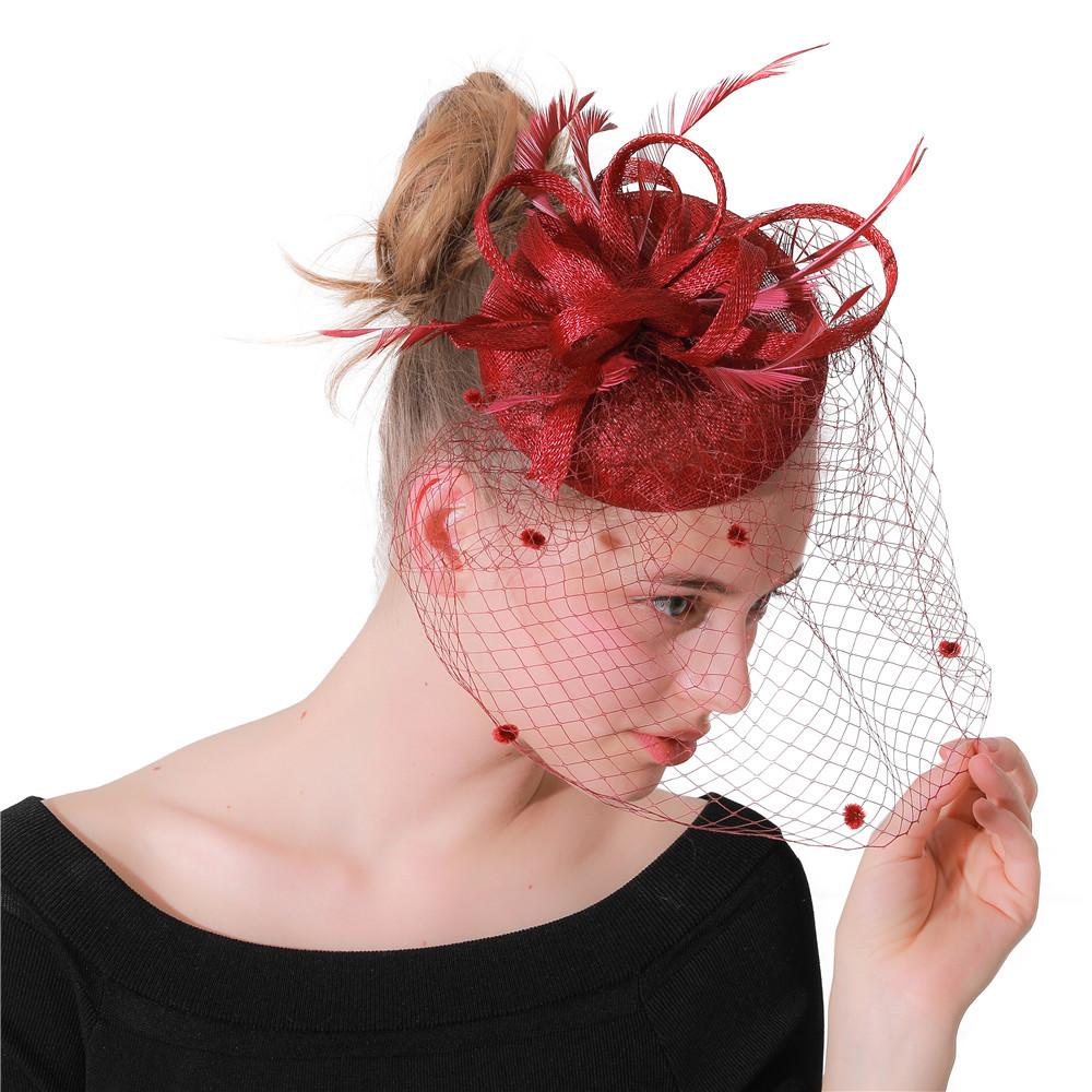 

British Bridal Hat Feather Hat Retro Linen Headdress Hair Accessories Dress Hat бордовий