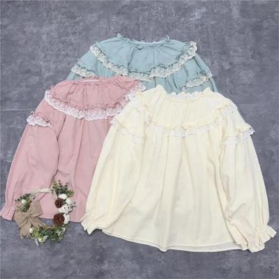 Maglione con Bordo a Fungo Top Jacquard Camicia in Cotone con Pizzo Forestale Primavera Dolce Bambola Larga Casual Camicie da Donna