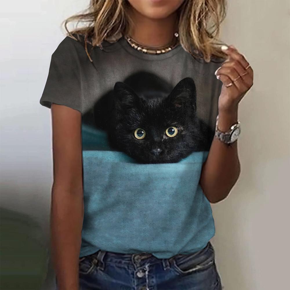 New Kawaii Cat Printed T-shirt For Women Plus Size Tops 2024 Summer Women's Trend Clothing Crew Tee Female Short Sleeve T Shirts