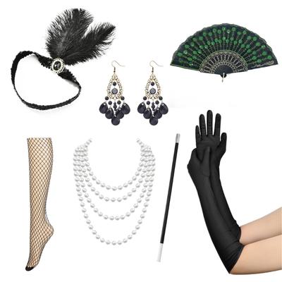Retro 1920s Women Role Playing Accessories Set Feather Headband Satins Gloves