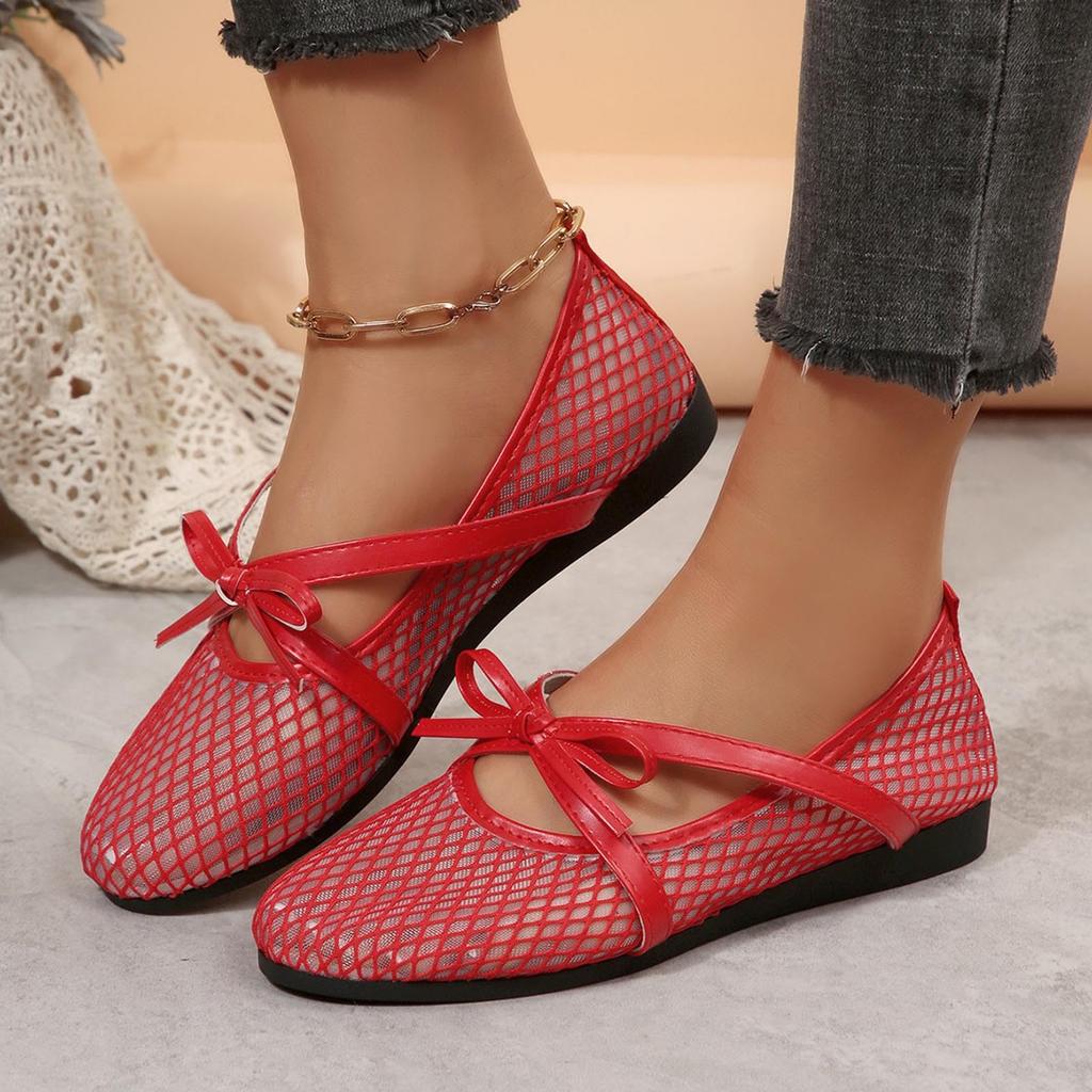 Women Mesh Hollow Out Breathable Flat Shoes Bow Tie Slip On Lightweight Casual Comfort Summer Sandals for Daily Wear