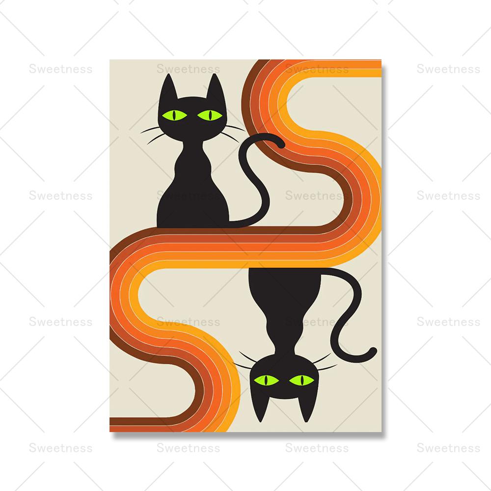 Lustige Katzen Mid Century Poster und Drucke Leinwand Malerei Schwarze Katze Wandbilder für Wohnzimmer Katzenliebhaber Geschenk Home Decoration Kein Rahmen