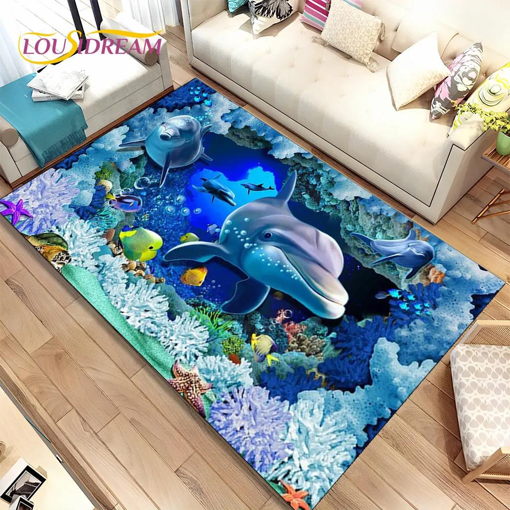 3D Illusion Seabed Underwater World Dolphin Shark Area Rug,Carpet Rug for Living Room Bedroom Sofa Doormat,Non-slip Floor Mat