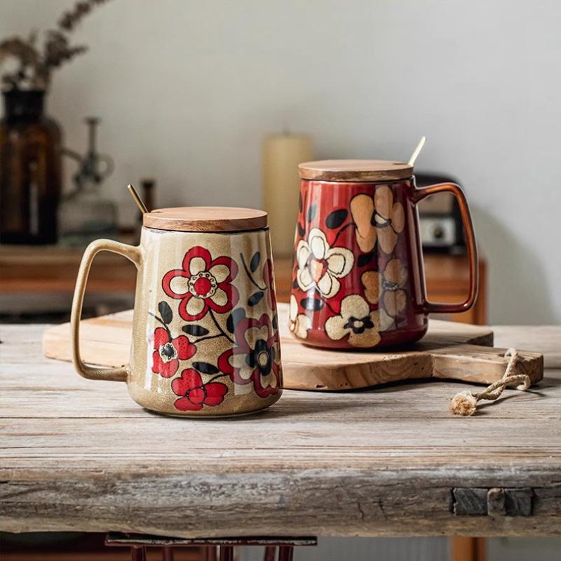 Velký keramický hrnek na kávu s uchem, ručně malovaný vintage květinový velký hrnek na kávu 700 ml, vysoký hrnek na čaj do kanceláře a domů, vhodný do mikrovlnné trouby a myčky nádobí