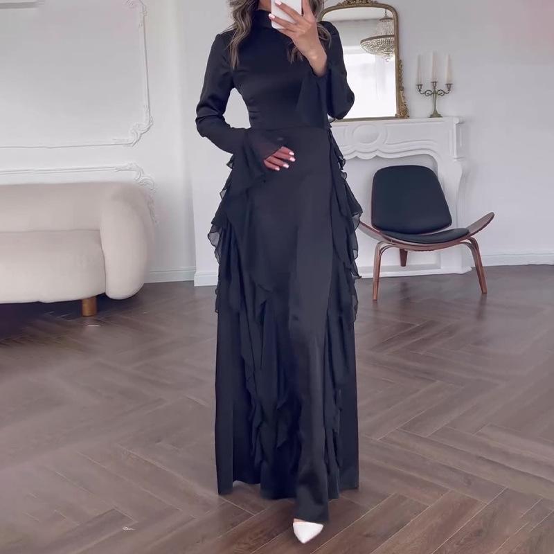 Vestido de Noche Maxi de Satén para Mujer con Cuello Alto, Mangas Largas, Puños Acampanados, Volantes y Cintura Alta, Corte Entallado
