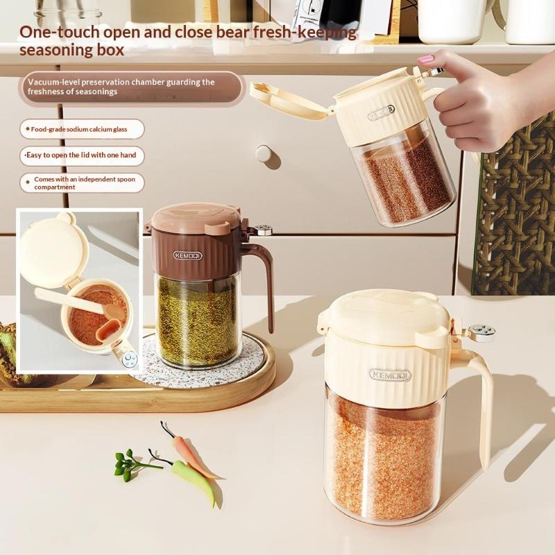 1Pc Moisture-Proof Sealed Seasoning Jar With Spoon Glass Kitchen Salt Seasoning Box Shaker For Spices And Condiments Kitchen