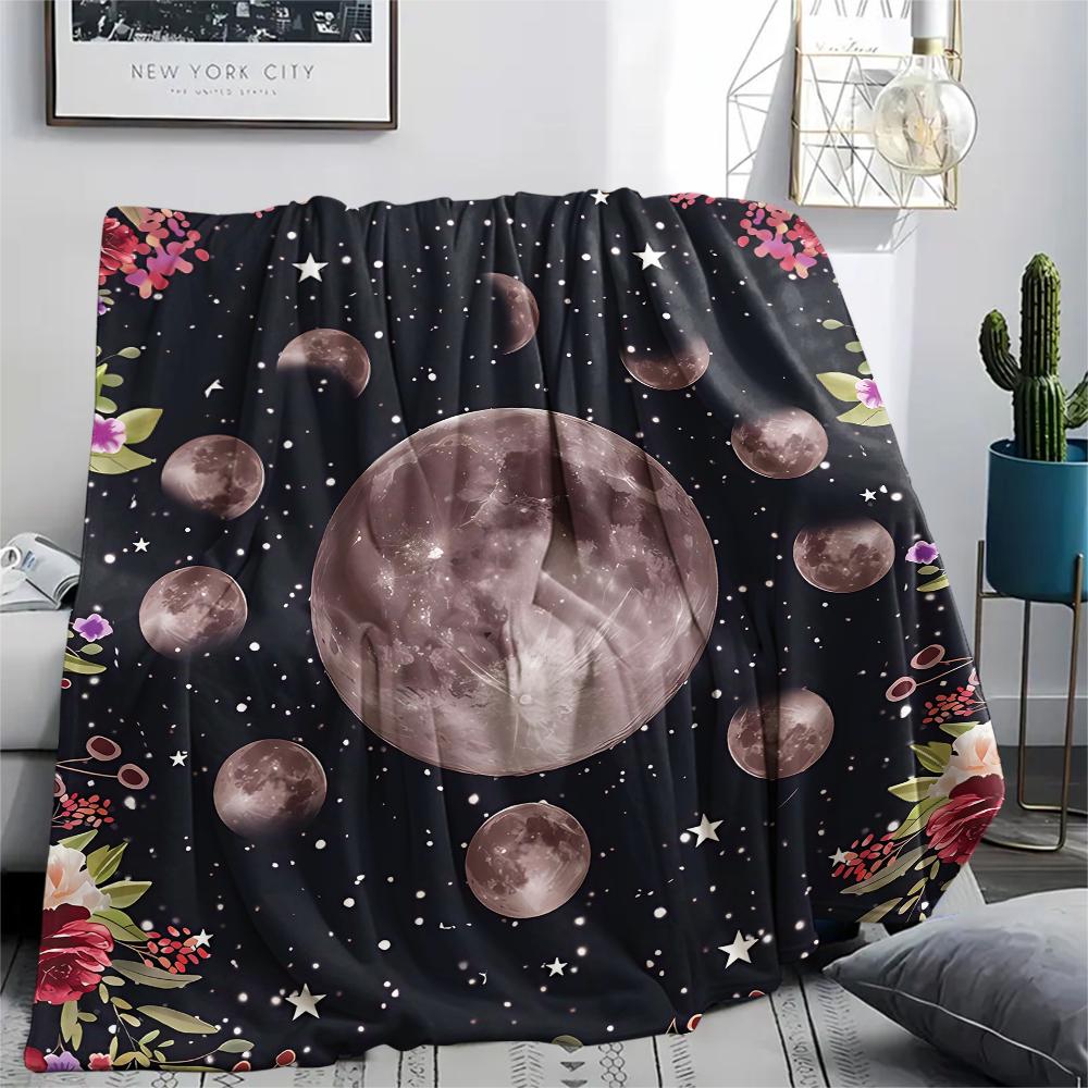 1Pc Floral Moon Print Flannel Blanket, High Quality Comfortable for All Seasons, Home Decor, Warmth and Comfort, Perfect for Gifts