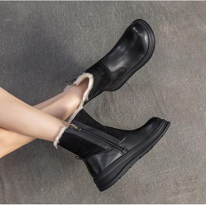 Johnature Retro Wool Warm Short Boots Genuine Leather Round Toe Side Zipper Thick Bottom Women's Shoes