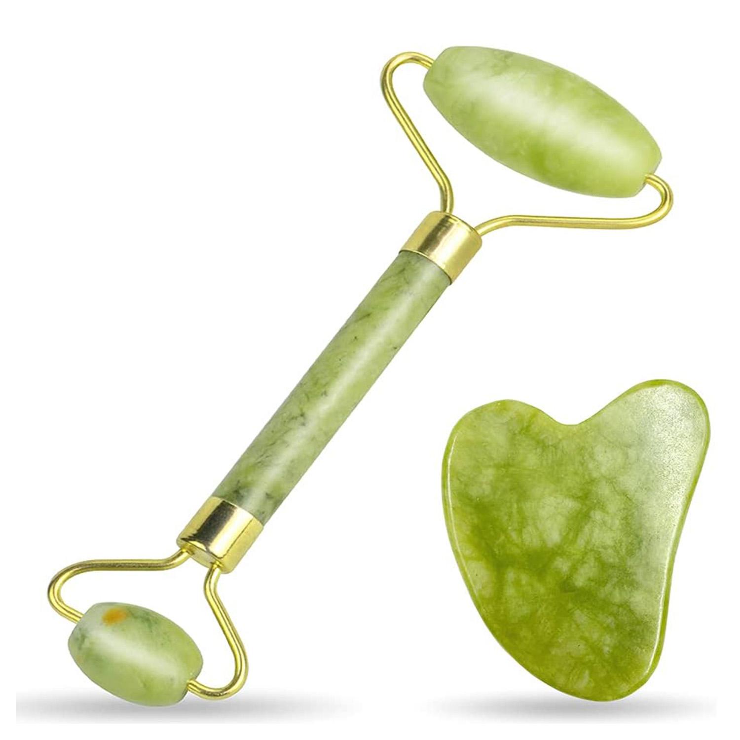 

Набор инструментов для лица Гуа Ша и нефритовый ролик для лица 100% Натуральный камень Инструмент для массажа красоты для лица, глаз, шеи, тела - Антивозрастная косметическая процедура