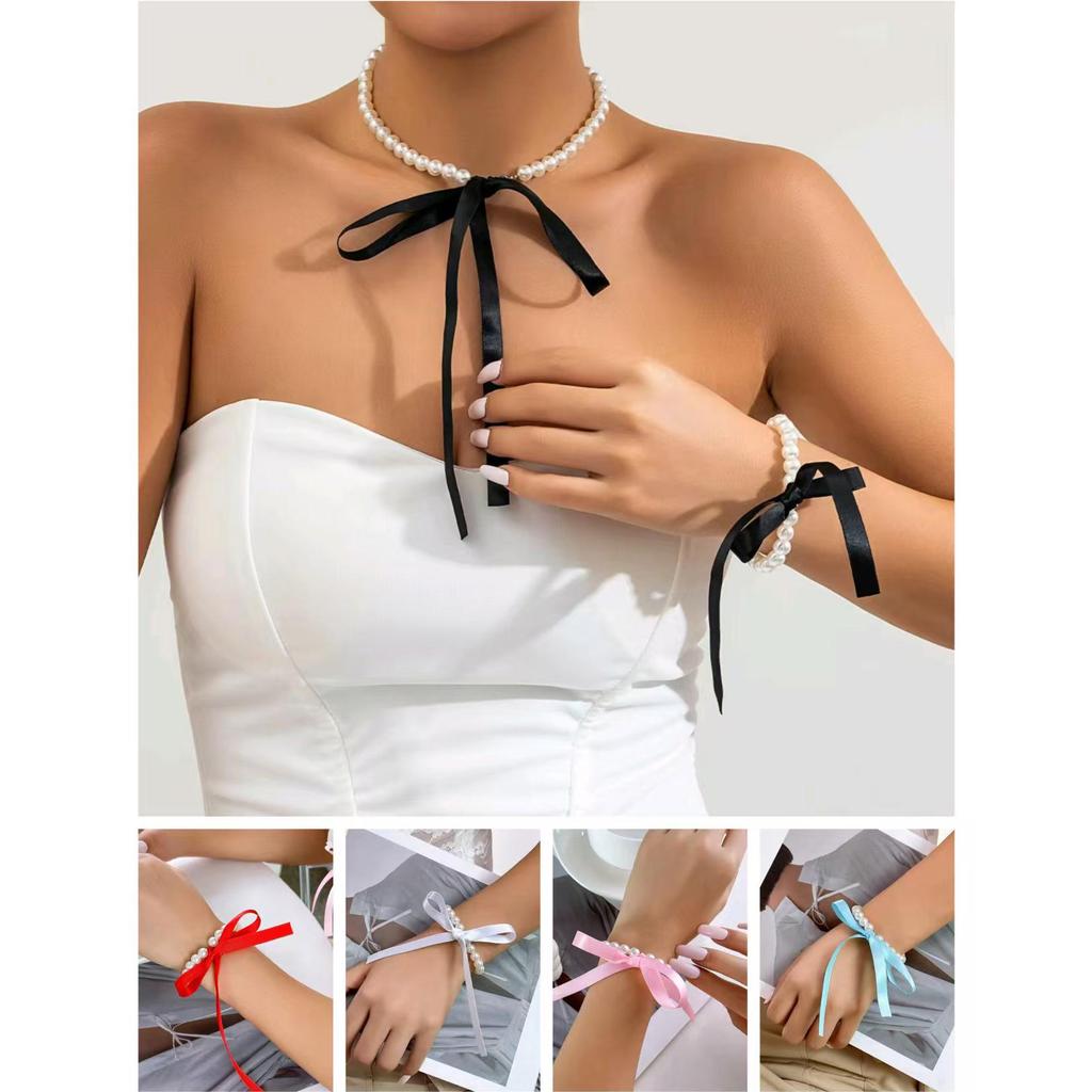 Retro Velvet Pearl Bow Clavicle Necklace & Bracelet Set