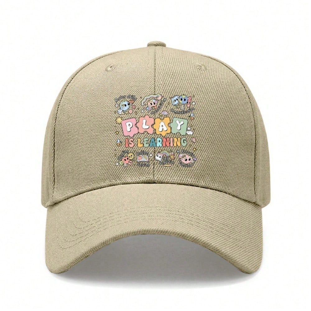 Kids Educational Baseball Cap - "PLAY IS LEARNING" Print Adjustable Breathable Lightweight Unisex Outdoor Sports Hat For School & Everyday Wear -