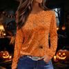 Women's Long Sleeve Round Neck Top with Halloween Print and Side Split Hem