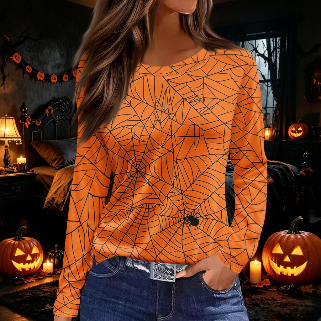 Women's Long Sleeve Round Neck Top with Halloween Print and Side Split Hem