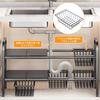 Under-sink storage rack, expandable under-bathroom storage, two-tier kitchen storage, easy assembly, space-saving, includes four storage baskets, W 53