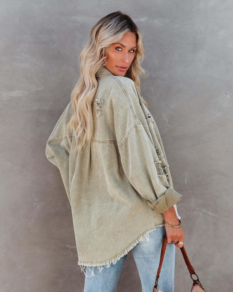 Europäischer Stil Mittellange ausgefranste Jeansjacke - Damen Herbst/Winter 2025 Langarm Lässig Revers Oberteil