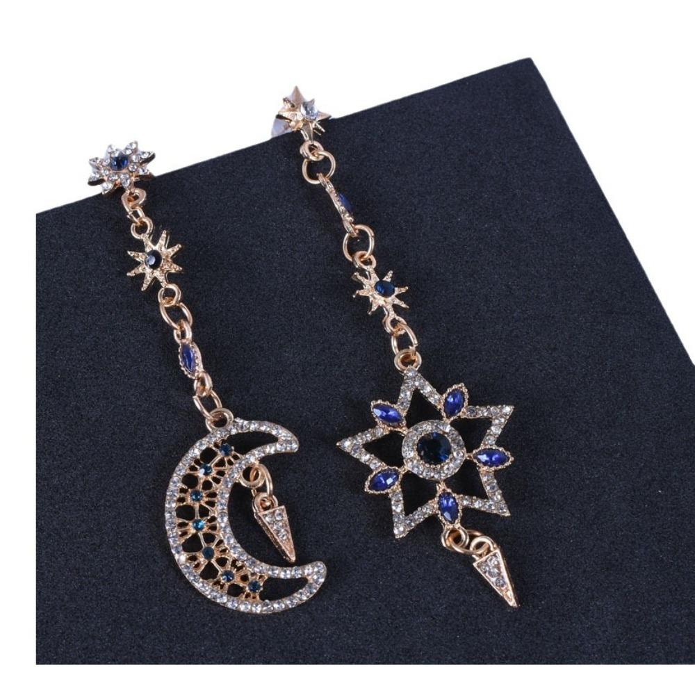 Charm Luxury Geometric Hollowout Blue Crystal Sun Star Moon Long Dangle Earrings for Women Korean Designer Earrings Jewelry Gift