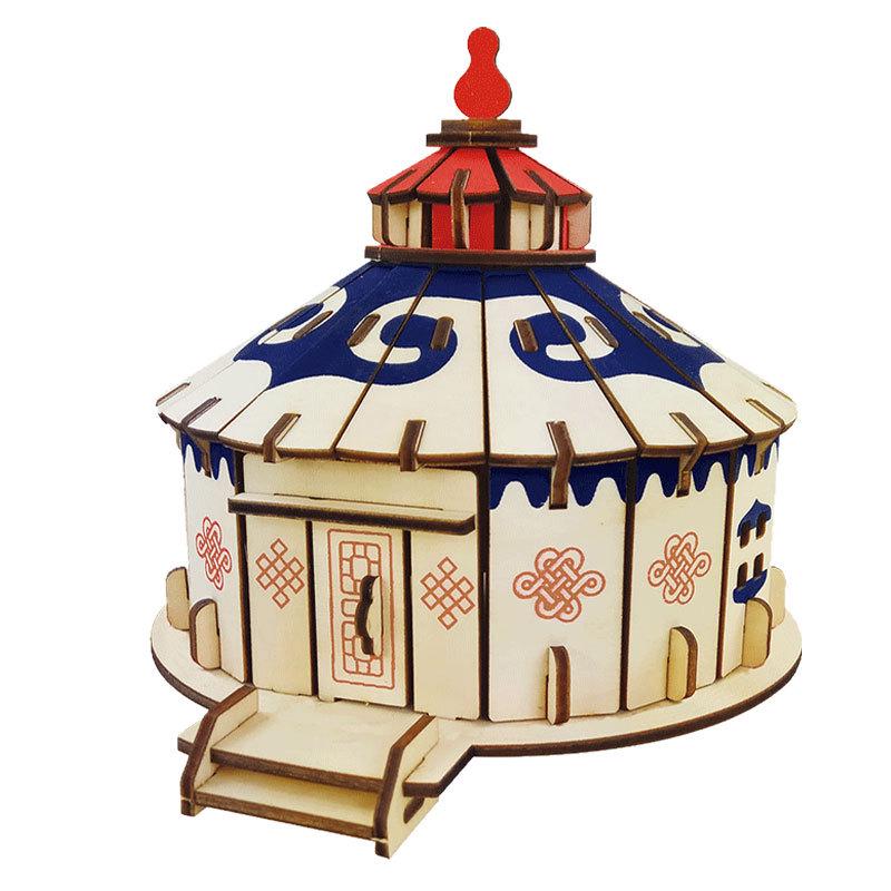 Wooden 3D Mongolian Yurt Model DIY Craft - Handmade Ethnic Style Educational Toy Ornament
