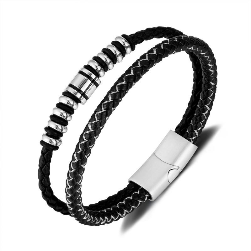 Personalized Leather Bracelet Men s Stainless Steel Fashionable Versatile Retro Double-layer Woven