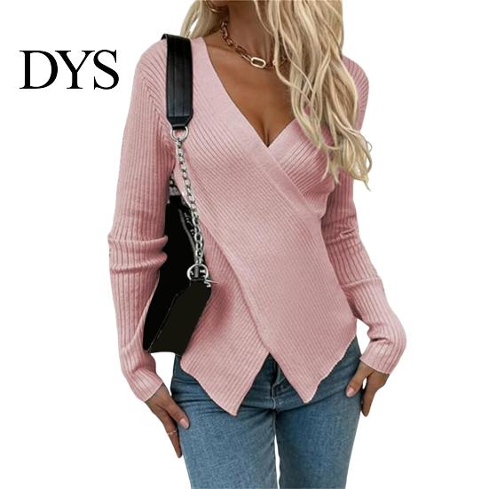 Γυναικείο Πλεκτό Πουλόβερ Σέξι V-Neck Wrap Πλεκτό Τοπ Εφαρμοστό Σταυρωτό Μπροστά Πουλόβερ Μακρυμάνικο Μαλακό Διαπνέον Ύφασμα Ρούχα Φθινοπώρου Ζεστό Wrap-around