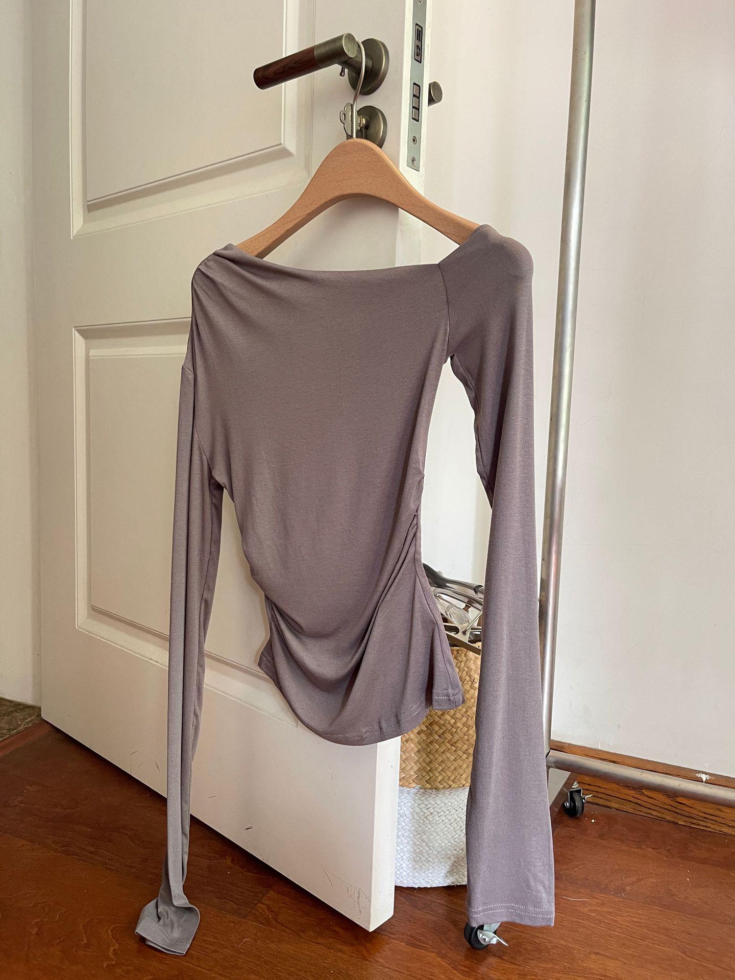 

Женский Guochao Асимметричный Топ с Открытым Плечом, Облегающий, Драпированный, Трикотажный, с Длинным Рукавом - Ранняя Весна, Приятный к Коже, Ощущение Наготы, Футболка с Завышенной Талией L