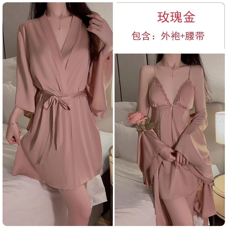 Women's Plus Size Lace Push Up Padded Backless Cami Sleep Dress with Robe Lounge Set